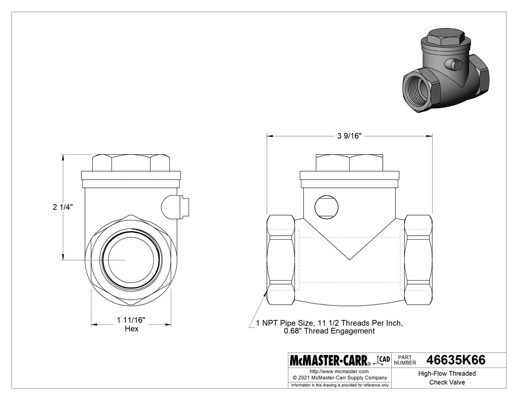 Technical Drawing of High-Flow Threaded Check Valve, 316 Stainless Steel Body, 1 NPT Female.